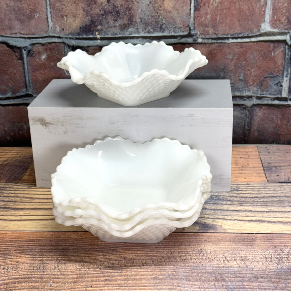Set of 4 Vintage Hazel Atlas White Milk Glass Diamond Pattern Nut Dishes MCM